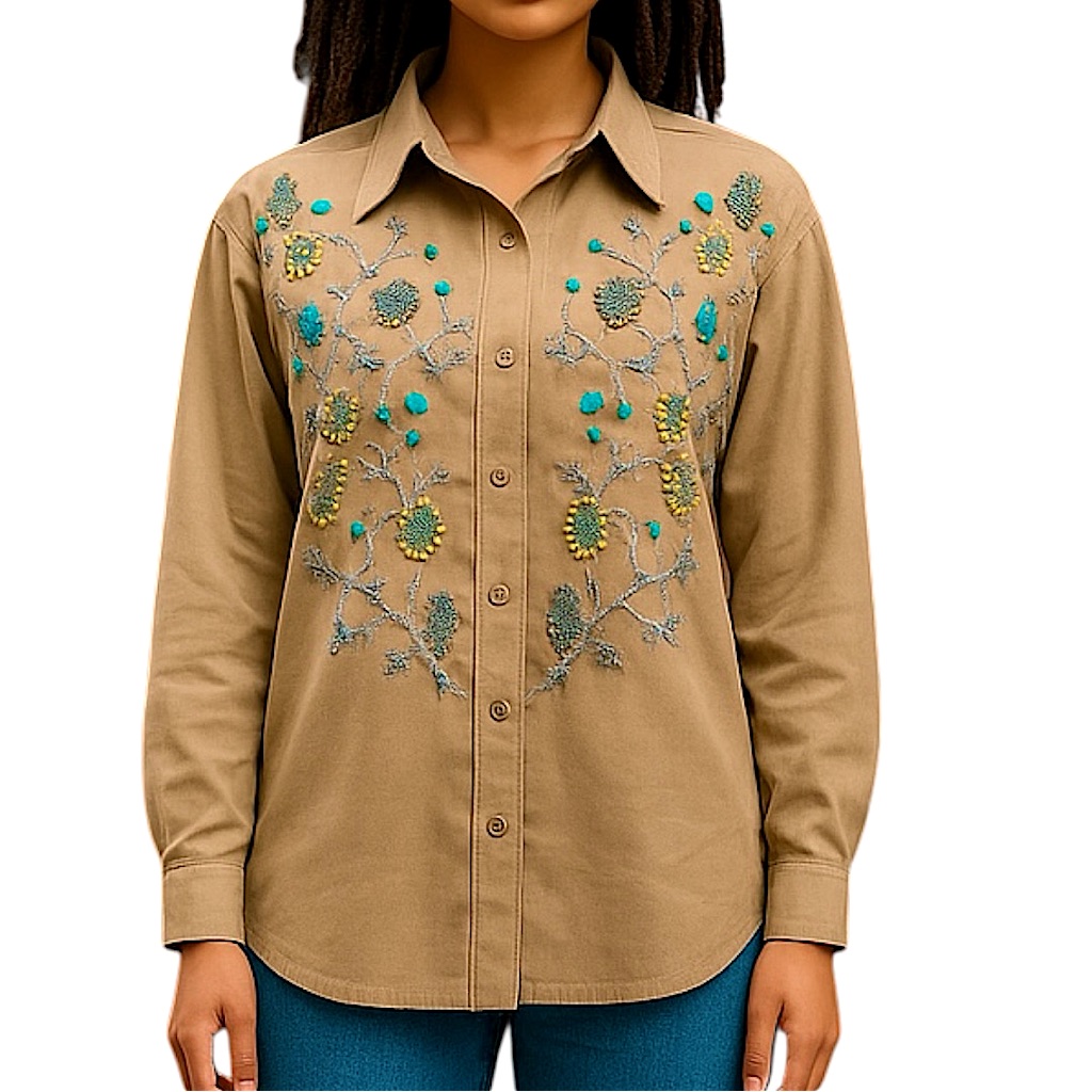 Cynthia Bradley Button Down Long Sleeve Top With Bead Embellishment -1x Nwt